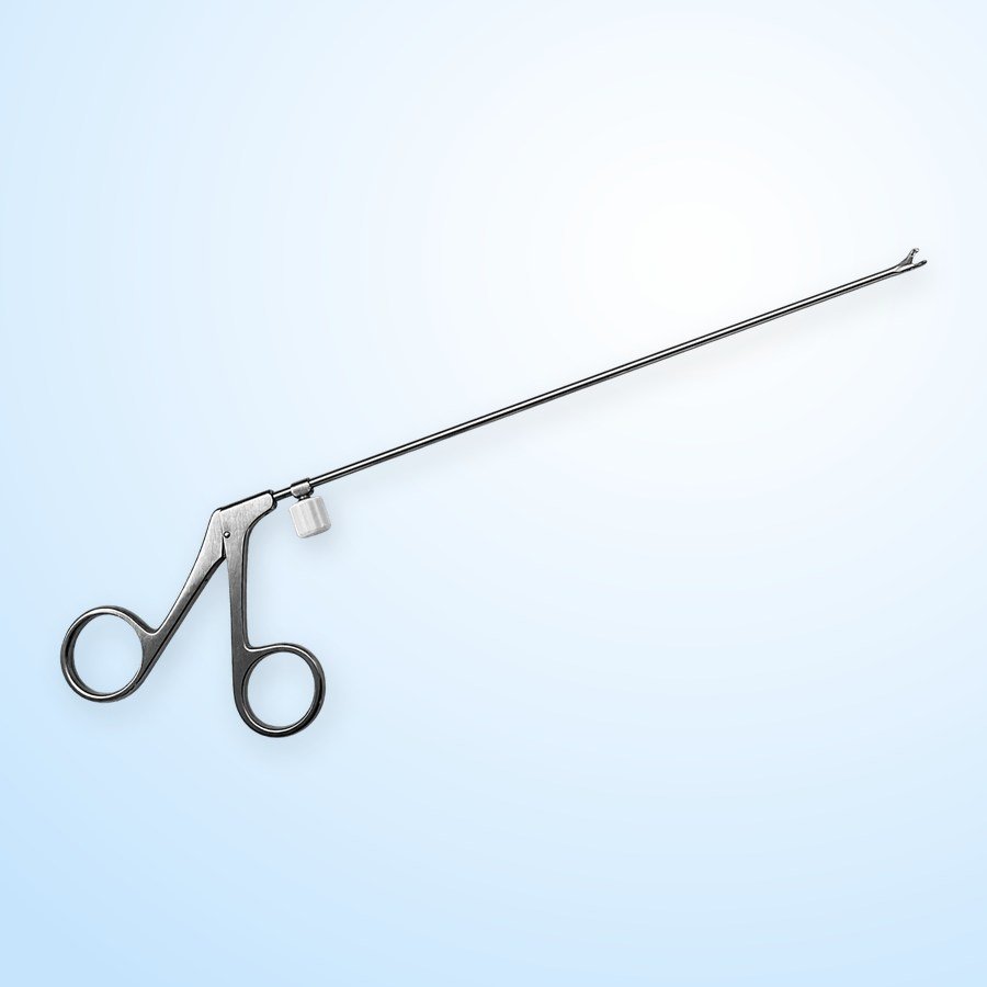 Rohrschaftinstrument von Dausch für die Bronchoskopie: Zange mit Ringgriff, Spülanschluss und schlankem Rohrschaft