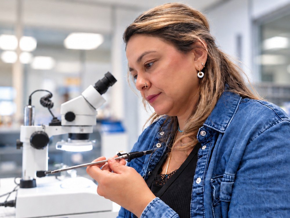 Mitarbeiterin prüft ein Rohrschaftinstrument am Stereomikroskop