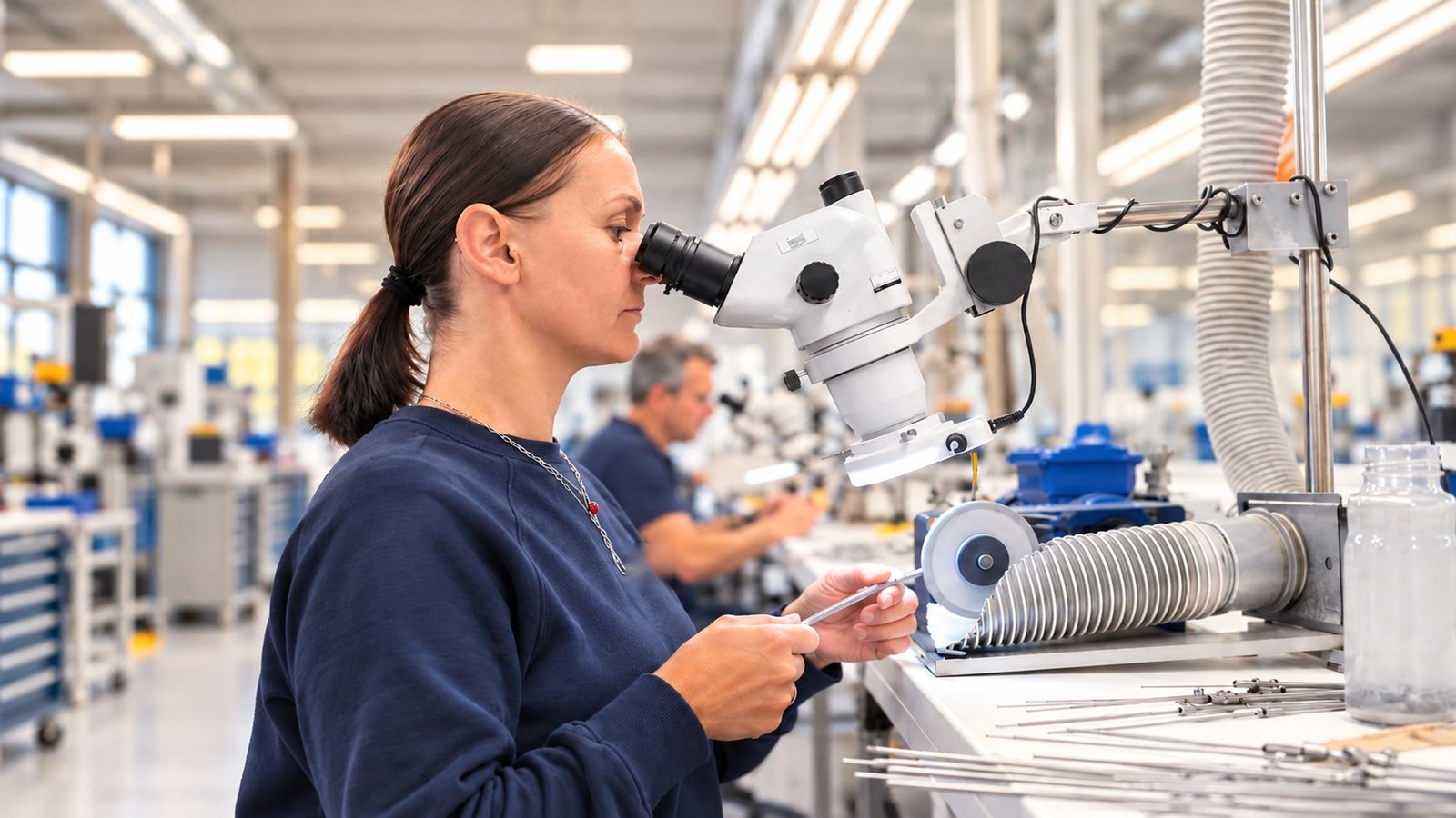Mitarbeiterin bei der Arbeit am Stereomikroskop in der Fertigung