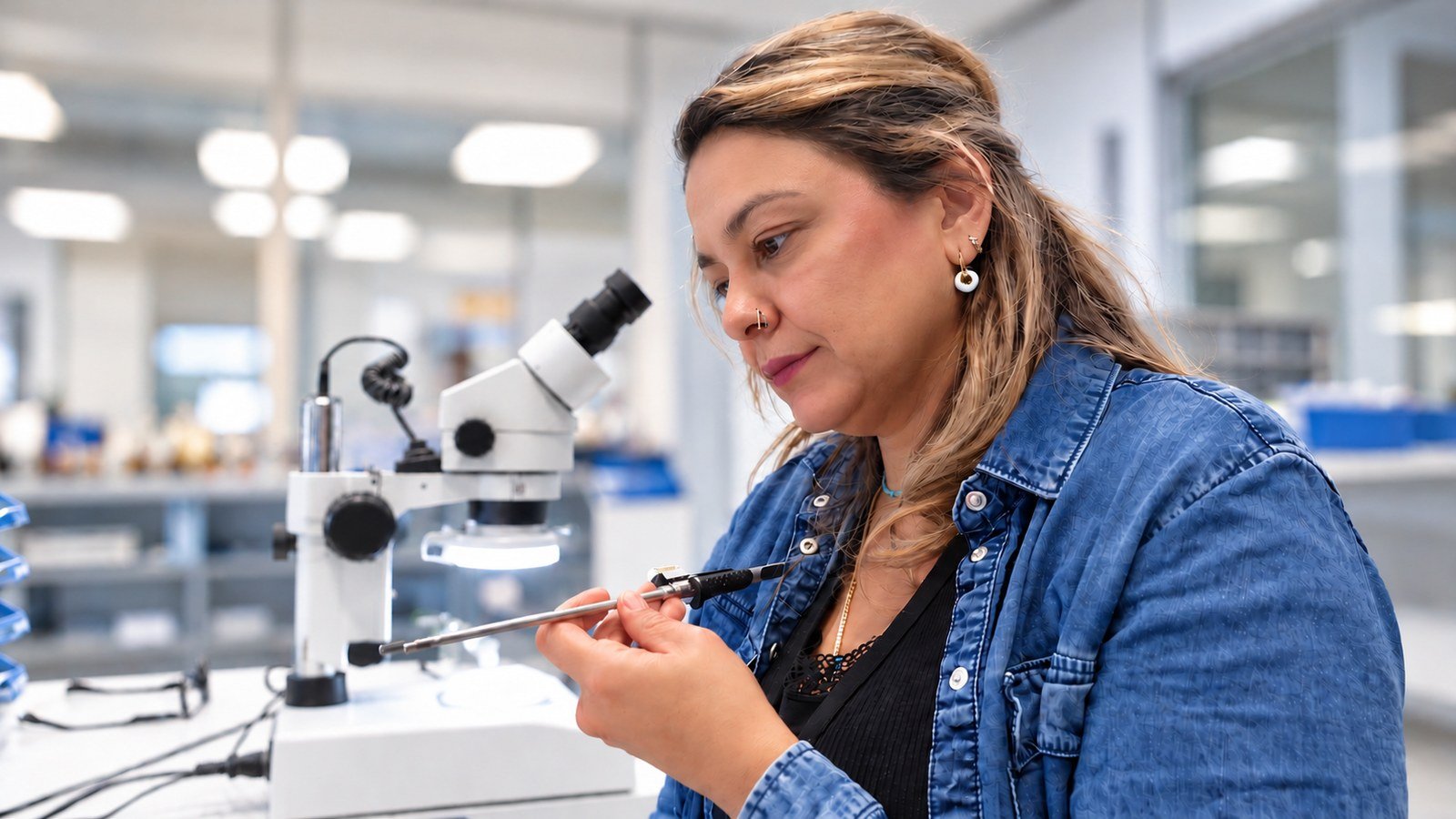Mitarbeiterin prüft ein Rohrschaftinstrument am Stereomikroskop in der Fertigung von Dausch Medizintechnik